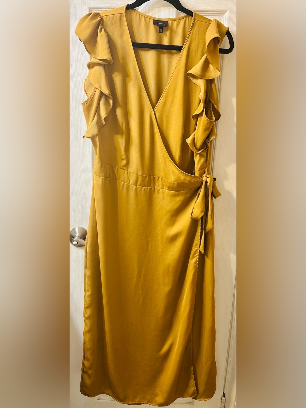 Who What Wear Mustard Wrap Midi Dress with Ruffle Sleeves